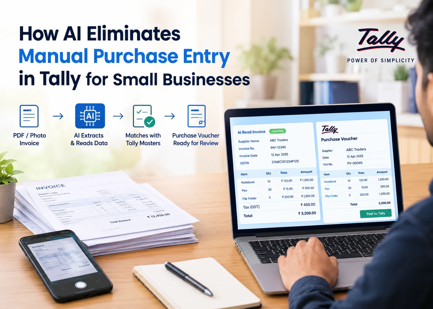 AI-powered purchase entry in Tally helps small businesses extract supplier names, invoice numbers, item details, quantities, rates, and GST information from PDFs or phone photos, match existing stock records, and prepare purchase vouchers for human review before posting.